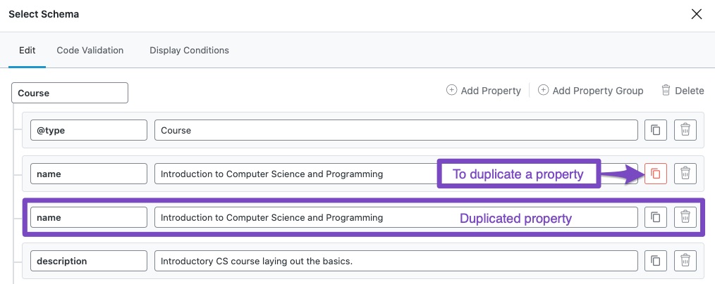 Duplicate property in Schema Builder